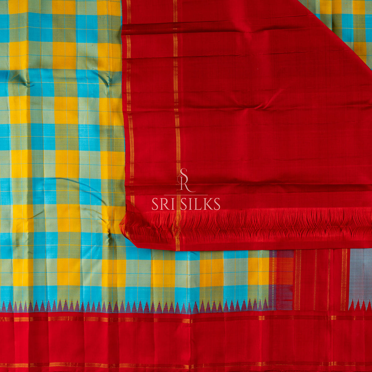 Kanjivaram Silk Saree in Turquoise & Mustard Checks with Red Border SK-KS-TMCR-059