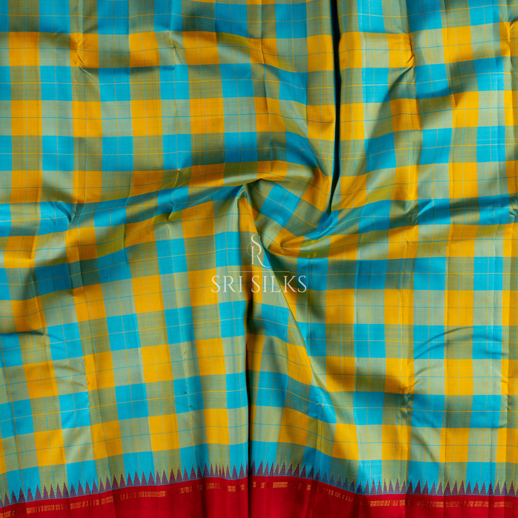 Kanjivaram Silk Saree in Turquoise & Mustard Checks with Red Border SK-KS-TMCR-059