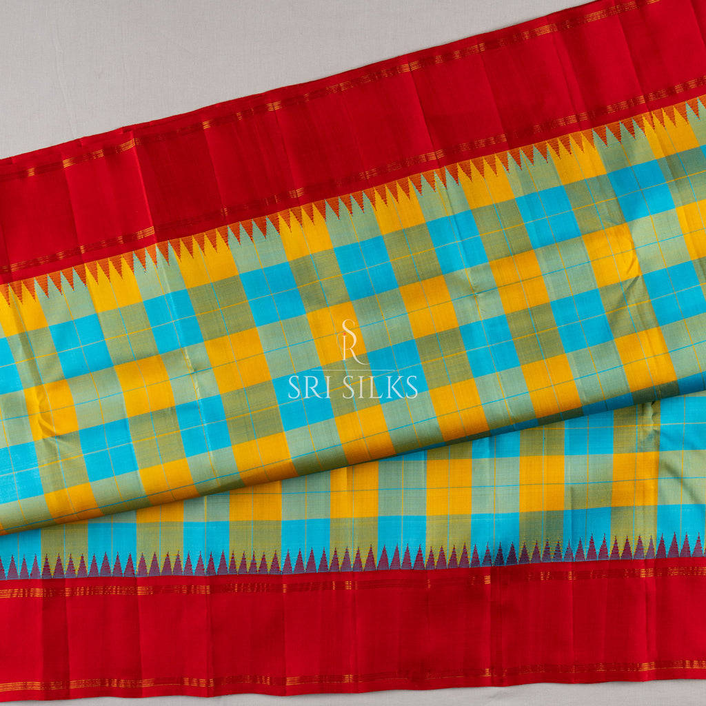 Kanjivaram Silk Saree in Turquoise & Mustard Checks with Red Border SK-KS-TMCR-059