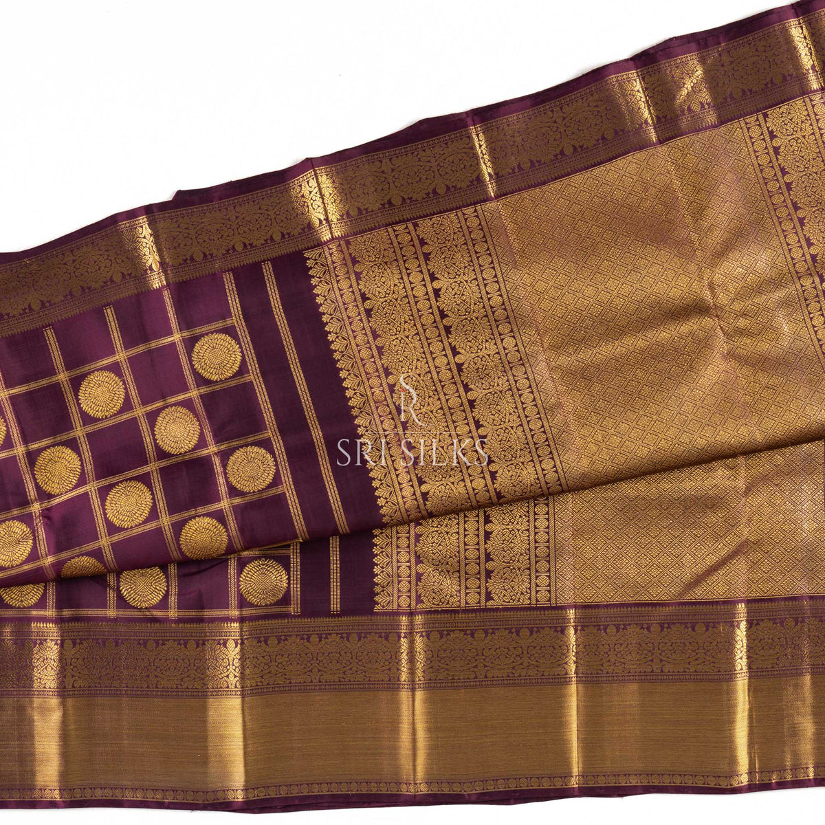 Pure Kanjivaram Silk Saree in Wine with Gold Zari Checks SSK-KS-WINE-078