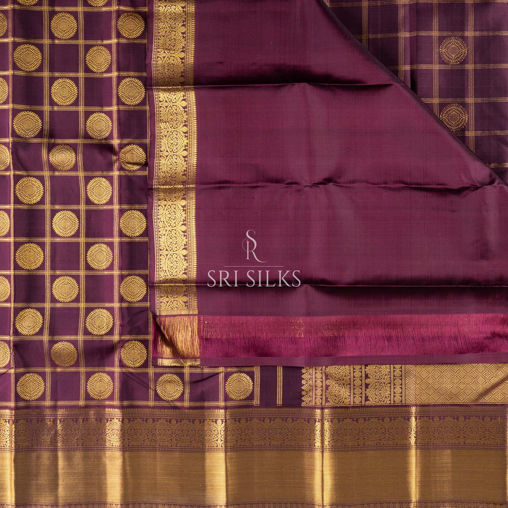 Pure Kanjivaram Silk Saree in Wine with Gold Zari Checks SSK-KS-WINE-078