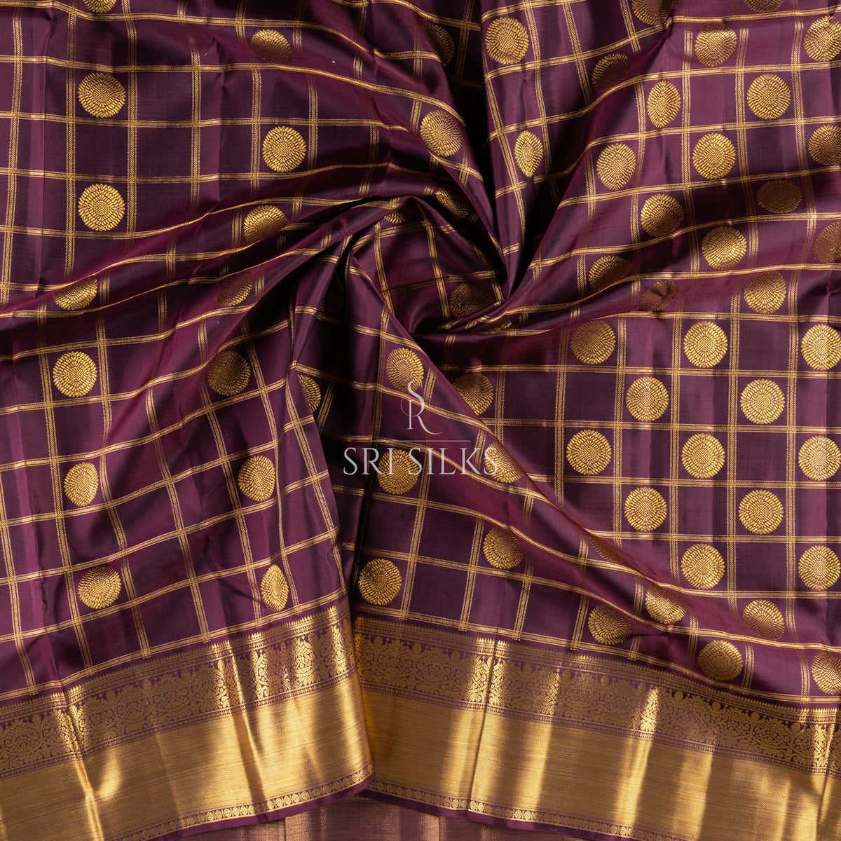 Pure Kanjivaram Silk Saree in Wine with Gold Zari Checks SSK-KS-WINE-078