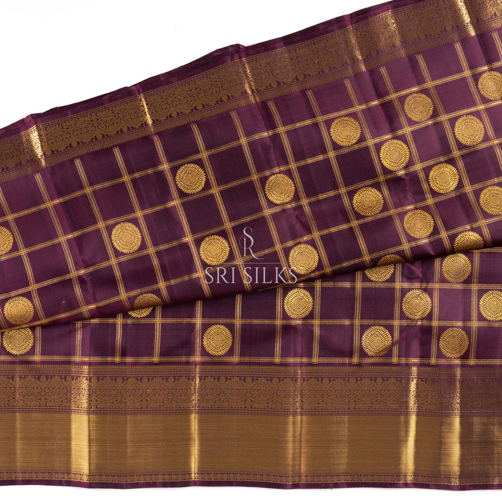 Pure Kanjivaram Silk Saree in Wine with Gold Zari Checks SSK-KS-WINE-078