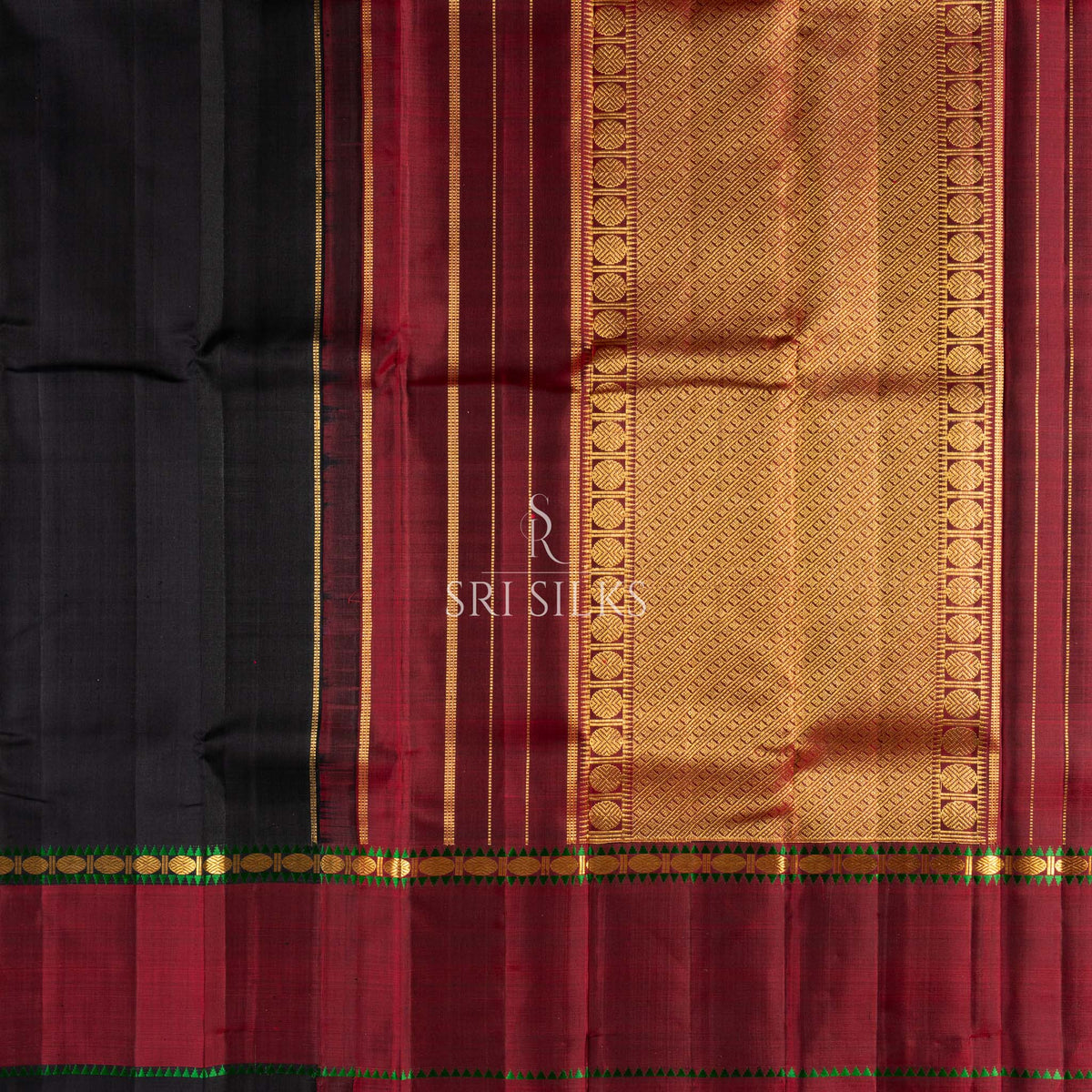 Kanjivaram Silk Saree in Deep Wine Red with Green & Gold Zari Border SSK-KS-BURG-028