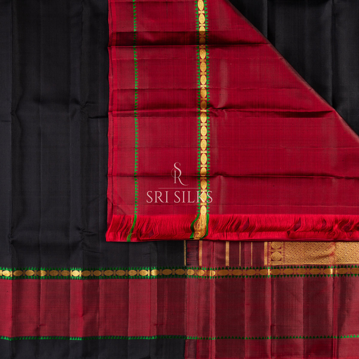Kanjivaram Silk Saree in Deep Wine Red with Green & Gold Zari Border SSK-KS-BURG-028