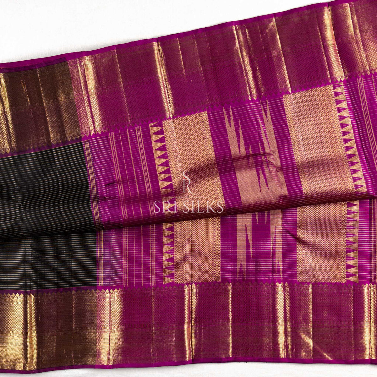Kanjivaram Silk Saree in Black and Magenta with Gold Zari SSK-KS-BMAG-022