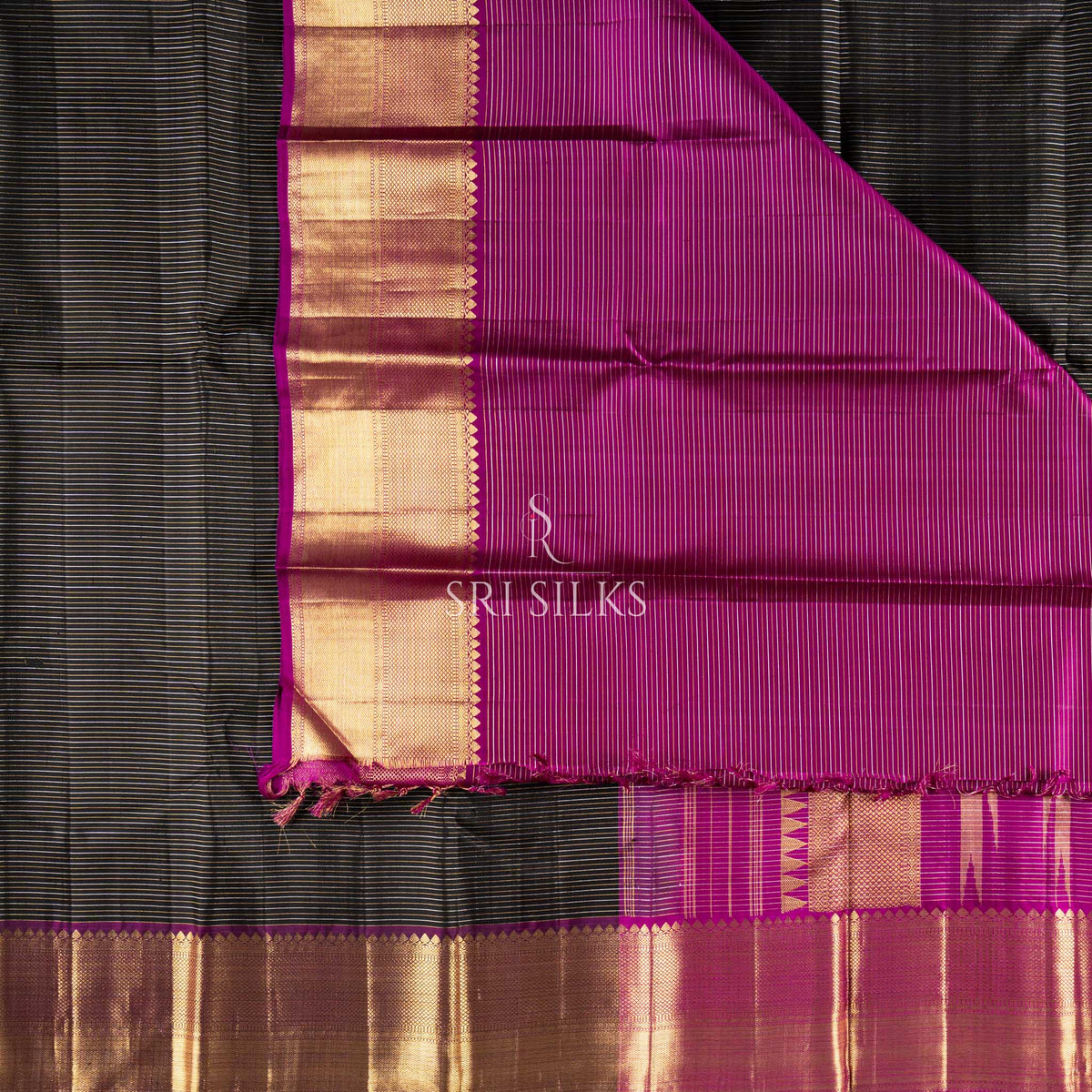 Kanjivaram Silk Saree in Black and Magenta with Gold Zari SSK-KS-BMAG-022