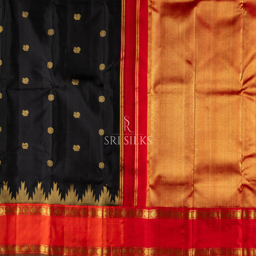 Black Kanjivaram Silk Saree with Red Pallu & Gold Zari SSK-KS-BKRD-021