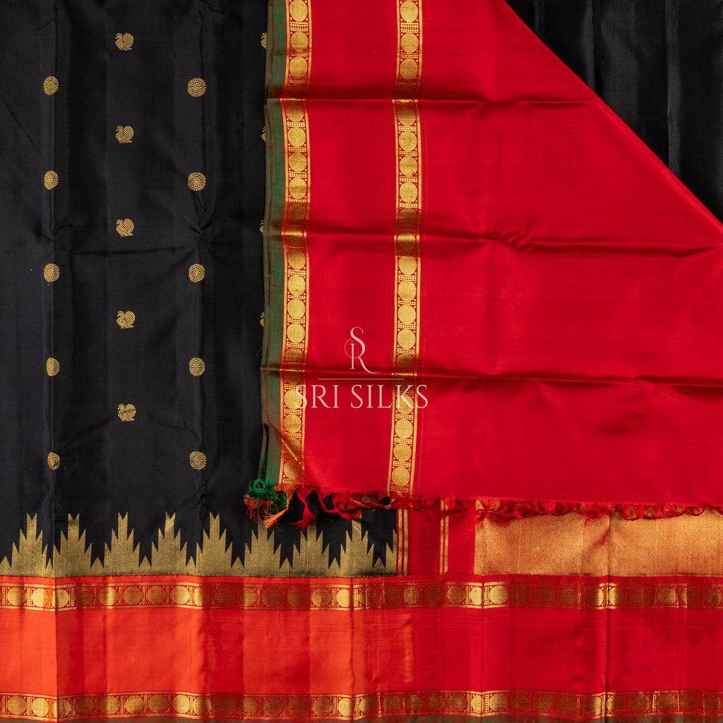 Black Kanjivaram Silk Saree with Red Pallu & Gold Zari SSK-KS-BKRD-021