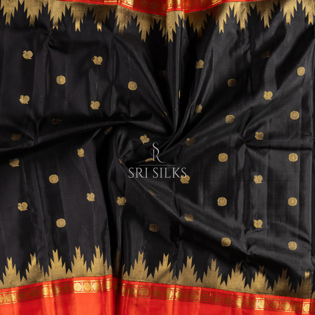 Black Kanjivaram Silk Saree with Red Pallu & Gold Zari SSK-KS-BKRD-021