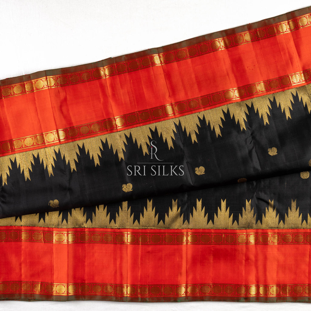 Black Kanjivaram Silk Saree with Red Pallu & Gold Zari SSK-KS-BKRD-021
