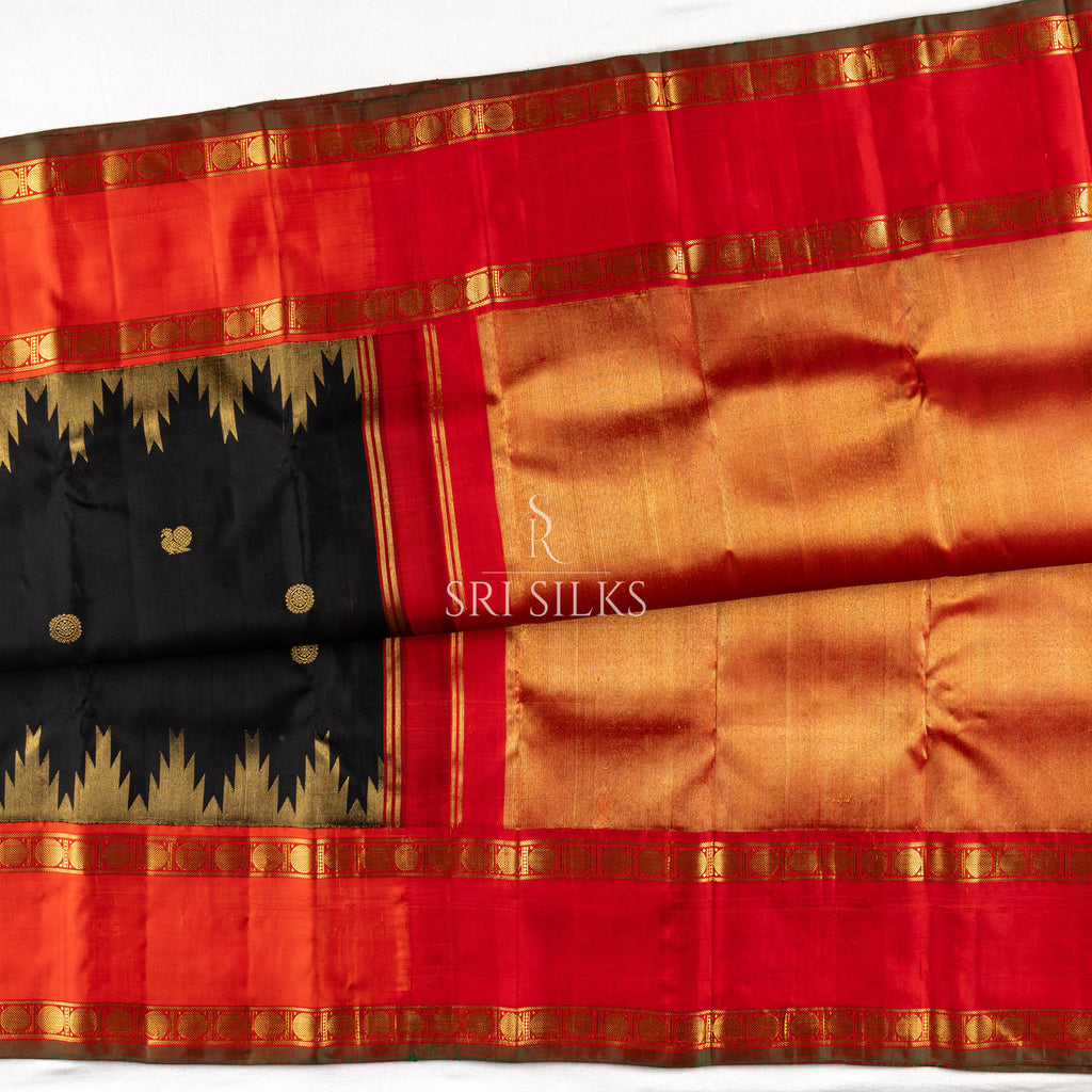 Black Kanjivaram Silk Saree with Red Pallu & Gold Zari SSK-KS-BKRD-021