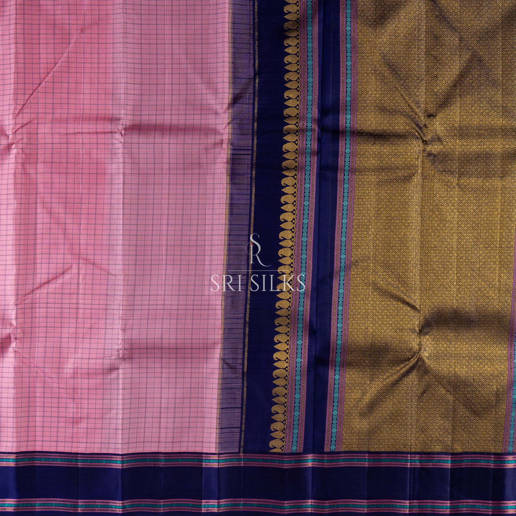 Kanjivaram Silk Saree in Pink with Green Checked Border SSK-KS-PKGR-070