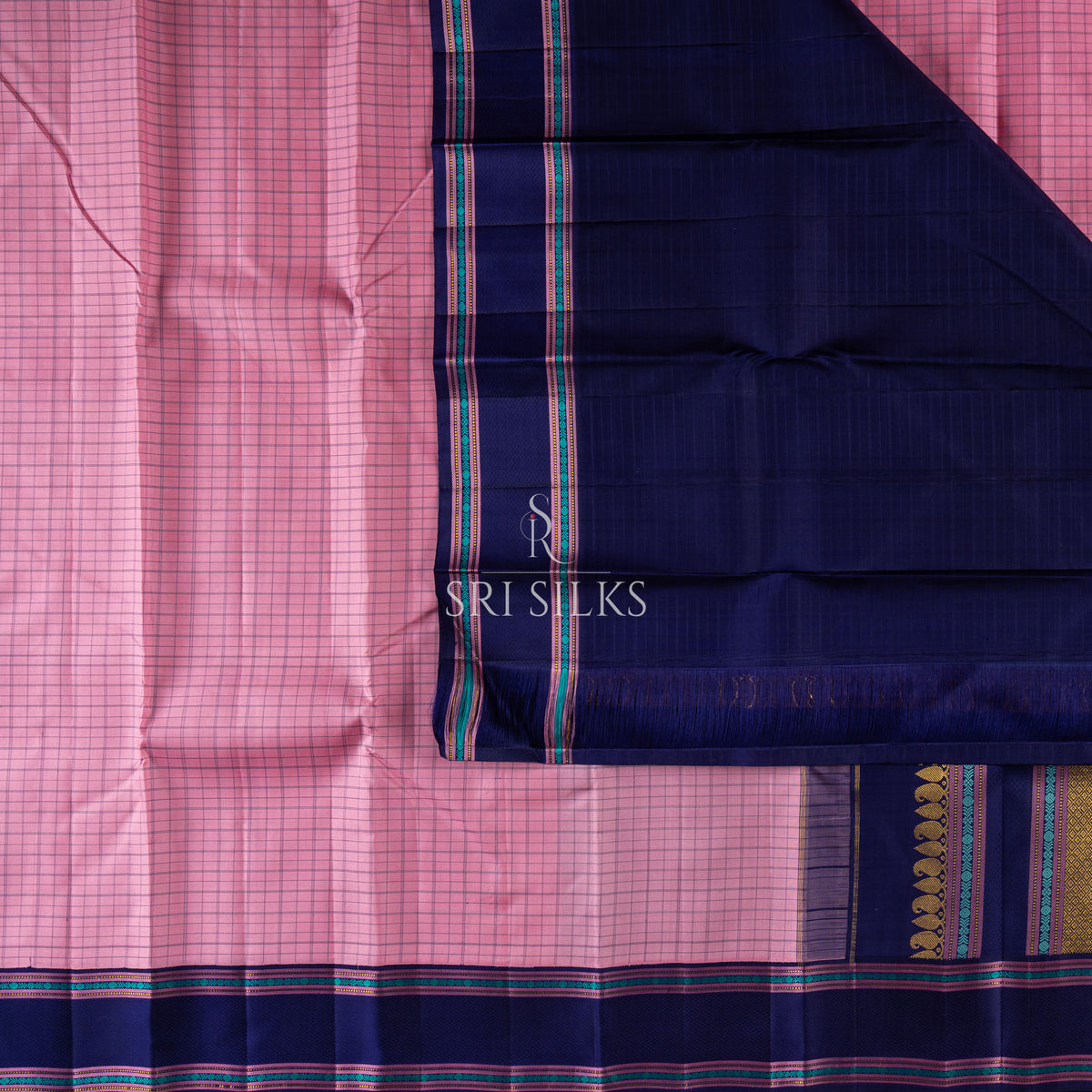 Kanjivaram Silk Saree in Pink with Green Checked Border SSK-KS-PKGR-070