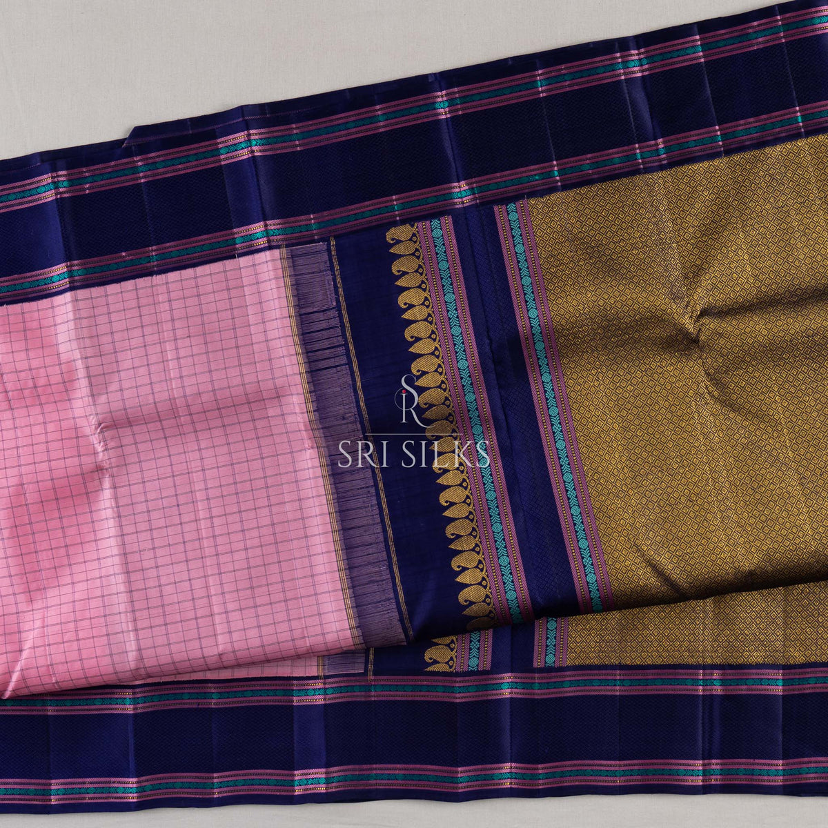 Kanjivaram Silk Saree in Pink with Green Checked Border SSK-KS-PKGR-070