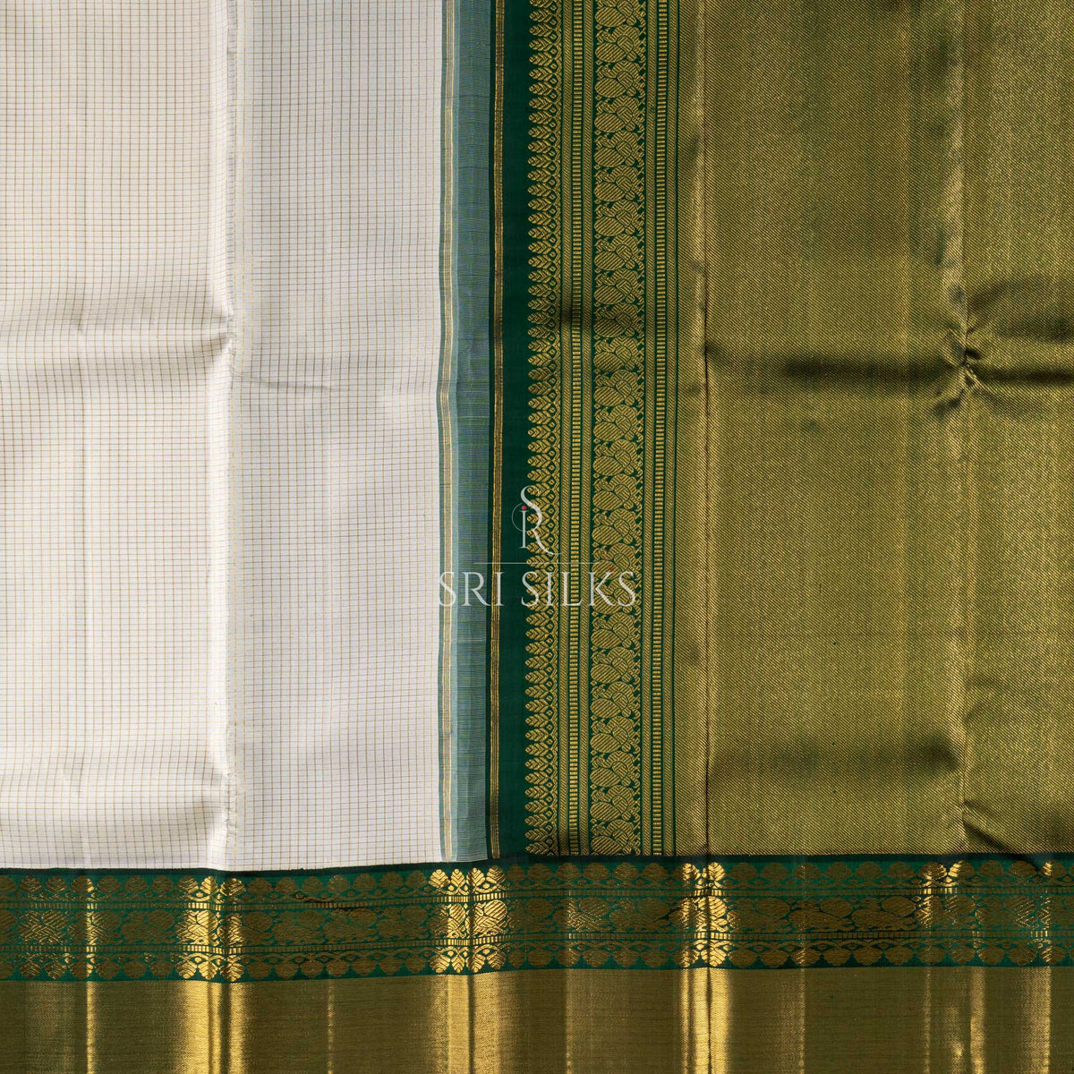 Srisilks Off White with Dark Green Kanjivaram Ilks Saree -SS-KS-IG-046