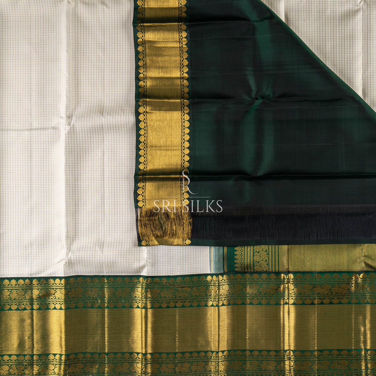 Srisilks Off White with Dark Green Kanjivaram Ilks Saree -SS-KS-IG-046