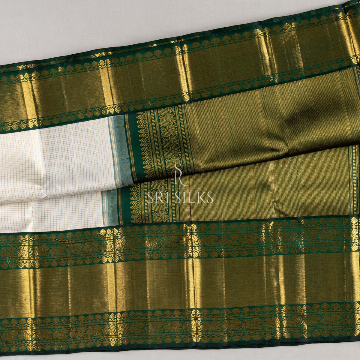 Srisilks Off White with Dark Green Kanjivaram Ilks Saree -SS-KS-IG-046