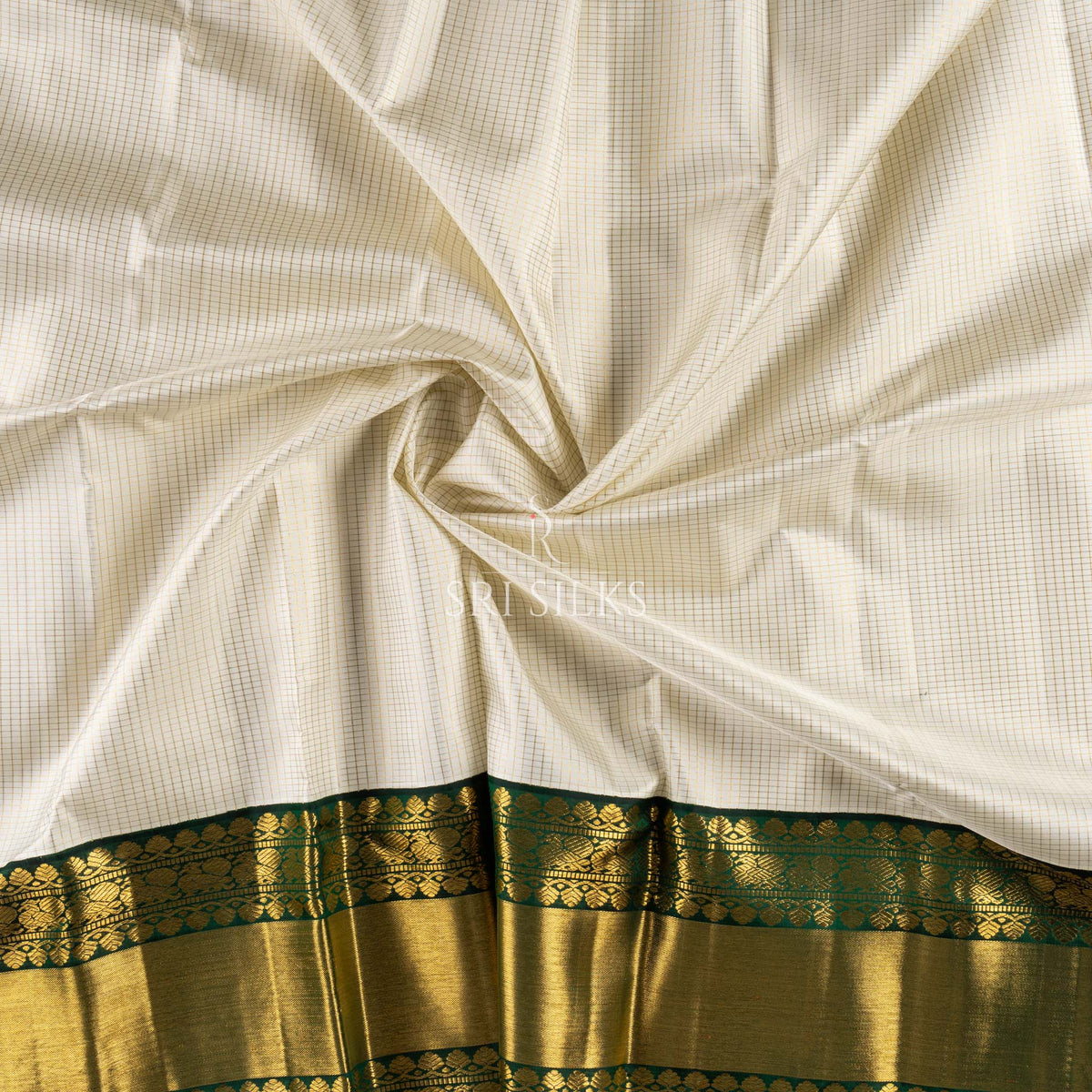Srisilks Off White with Dark Green Kanjivaram Ilks Saree -SS-KS-IG-046