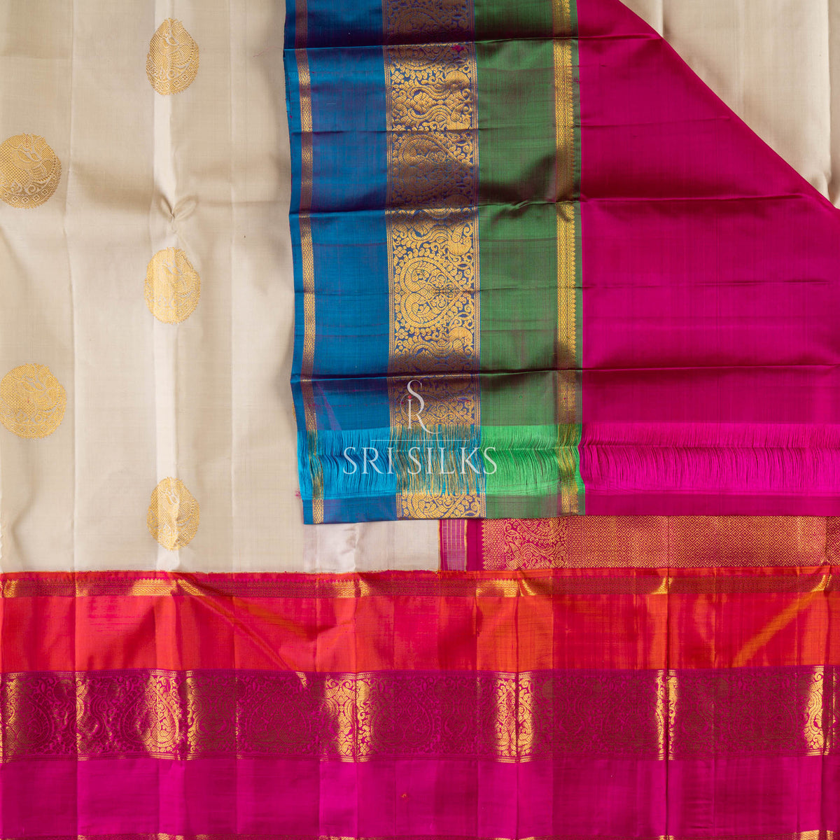 Srisilks Ganga Jamuna Border with Pink and Blue body cream Kanjivaram Silk Saree -SS-KS-IG-065