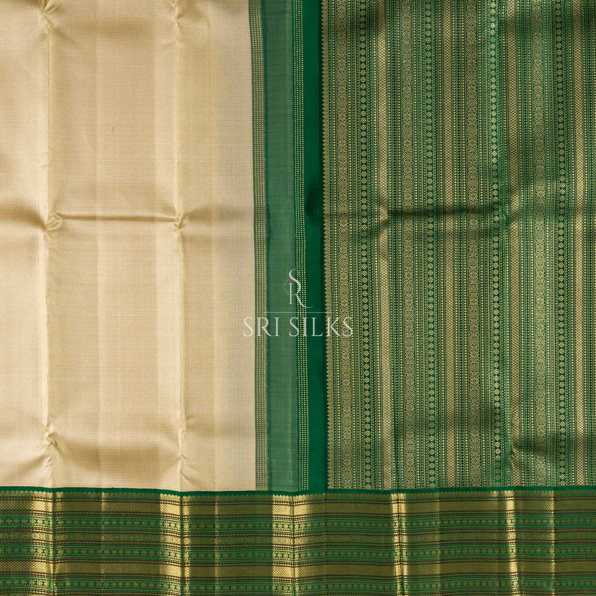 Pure Kanjivaram Silk Saree in Ivory & Emerald Green with Gold Zari  UID: SRI-KAN-2026-0812-047