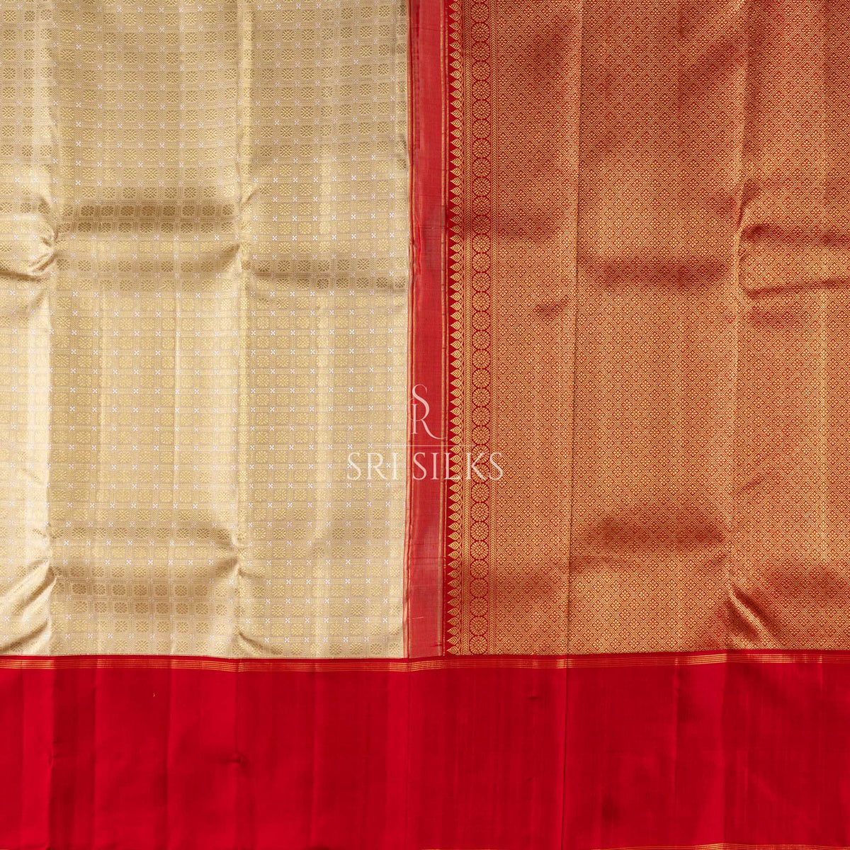 Pure Kanjivaram Silk Saree in Ivory & Crimson Red with Gold Zari SRS-KAN-IVO-CRIM-073