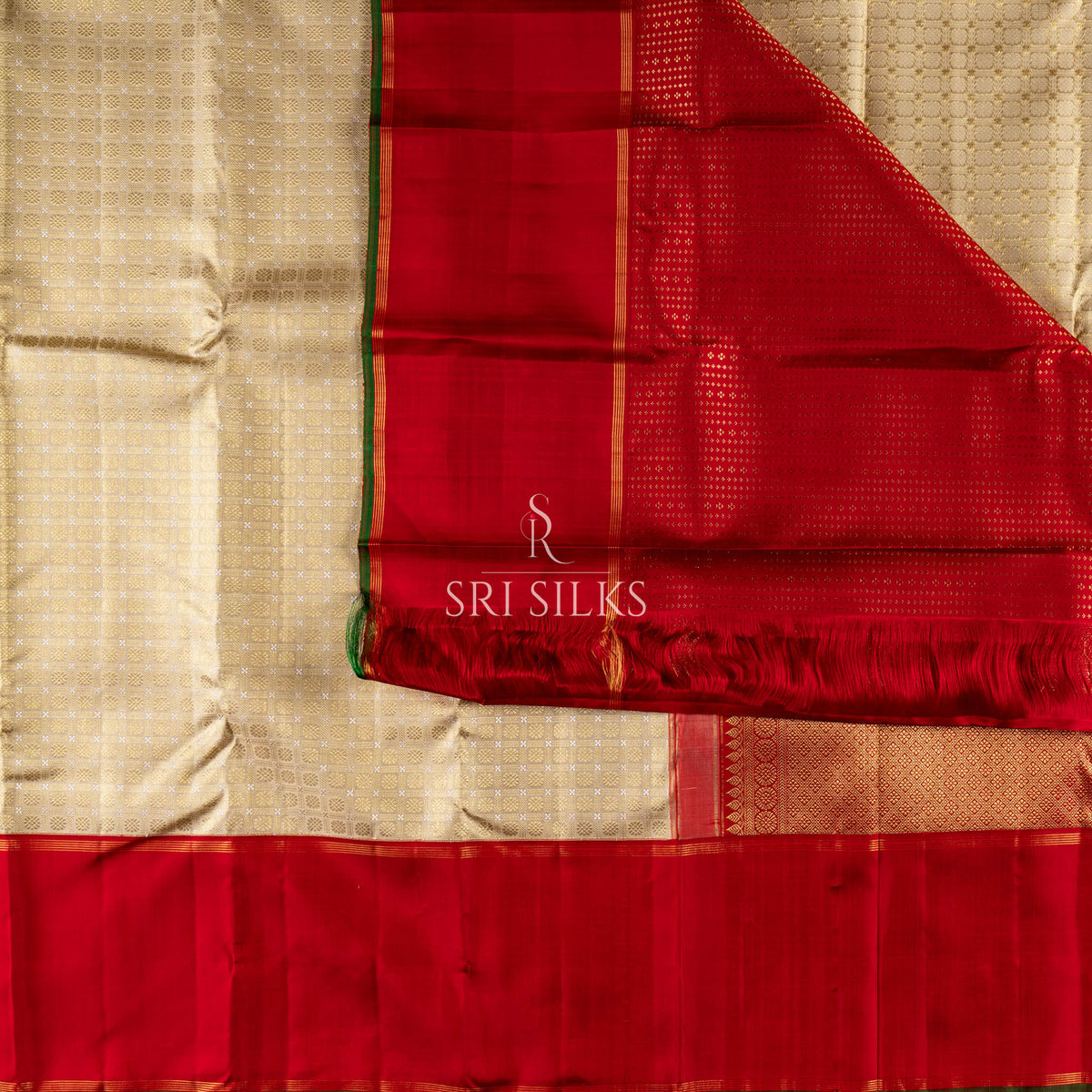Pure Kanjivaram Silk Saree in Ivory & Crimson Red with Gold Zari SRS-KAN-IVO-CRIM-073