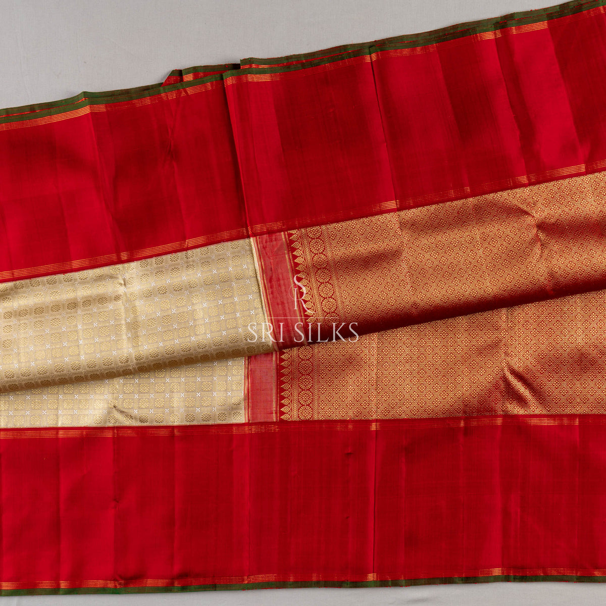 Pure Kanjivaram Silk Saree in Ivory & Crimson Red with Gold Zari SRS-KAN-IVO-CRIM-073