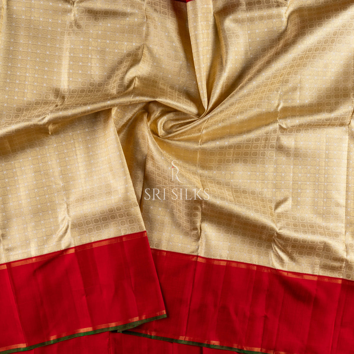 Pure Kanjivaram Silk Saree in Ivory & Crimson Red with Gold Zari SRS-KAN-IVO-CRIM-073