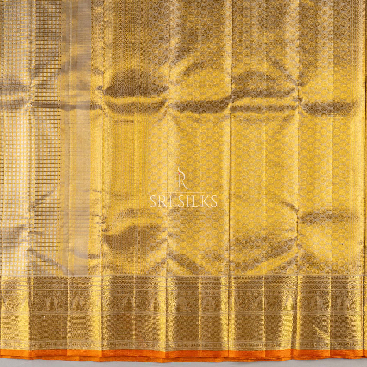 Pure Kanjivaram Silk Saree in Ivory Gold with Orange Border & Zari SRS-KAN-IVO-GOL-040