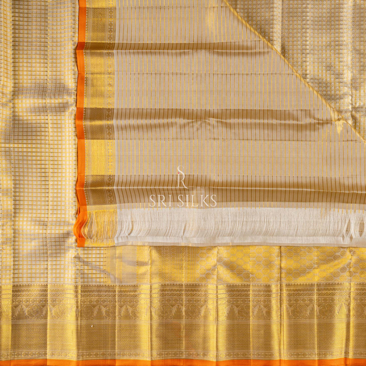 Pure Kanjivaram Silk Saree in Ivory Gold with Orange Border & Zari SRS-KAN-IVO-GOL-040