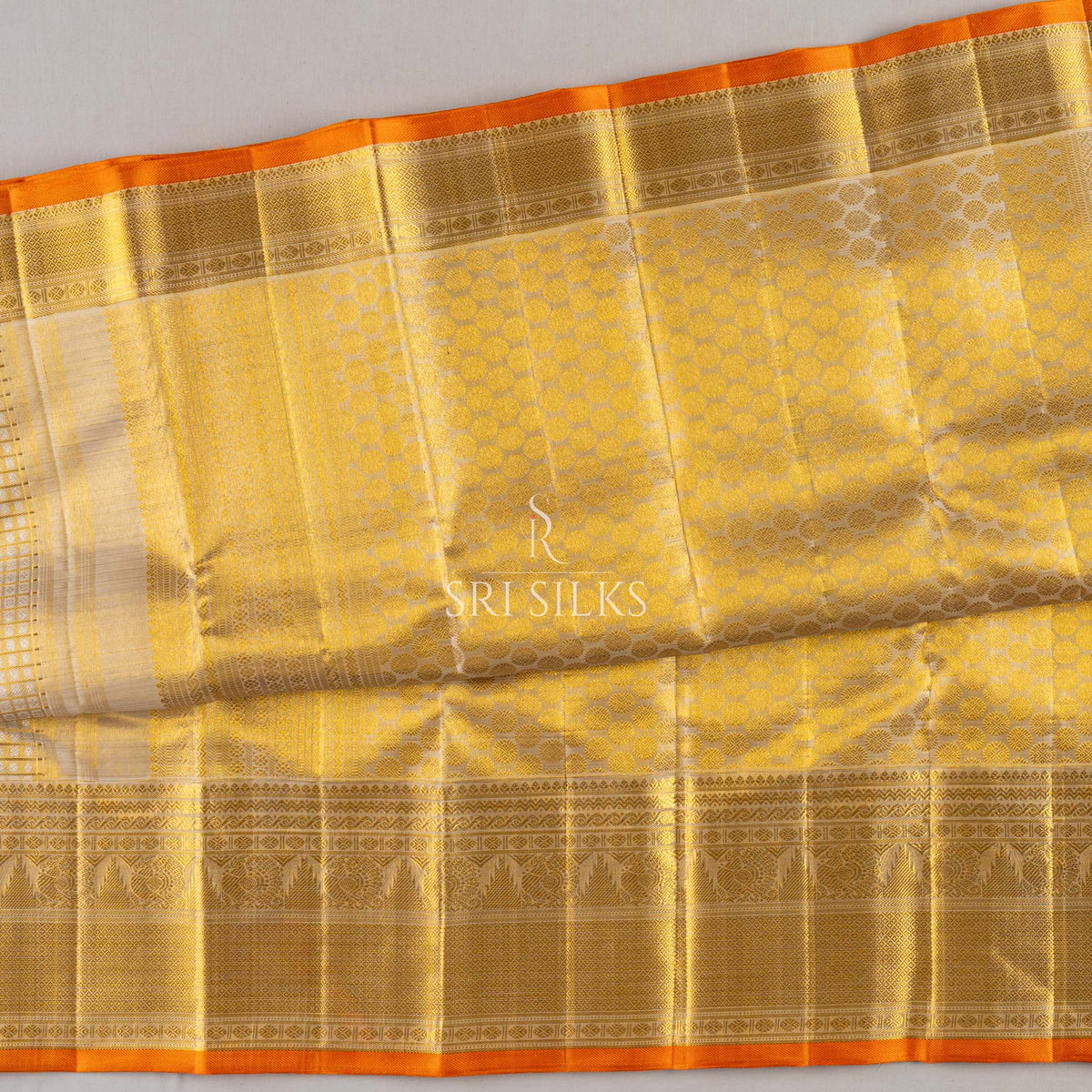 Pure Kanjivaram Silk Saree in Ivory Gold with Orange Border & Zari SRS-KAN-IVO-GOL-040