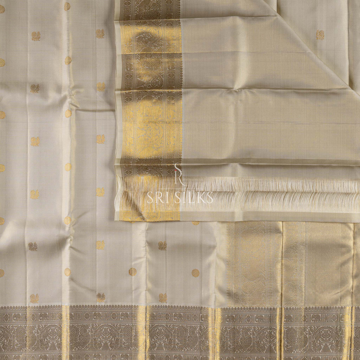 Pure Kanjivaram Silk Saree in Ivory with Antique Gold Zari SK-KS-IVAG-001