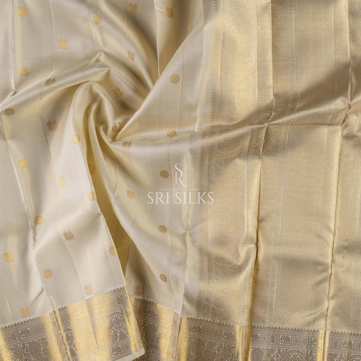 Pure Kanjivaram Silk Saree in Ivory with Antique Gold Zari SK-KS-IVAG-001