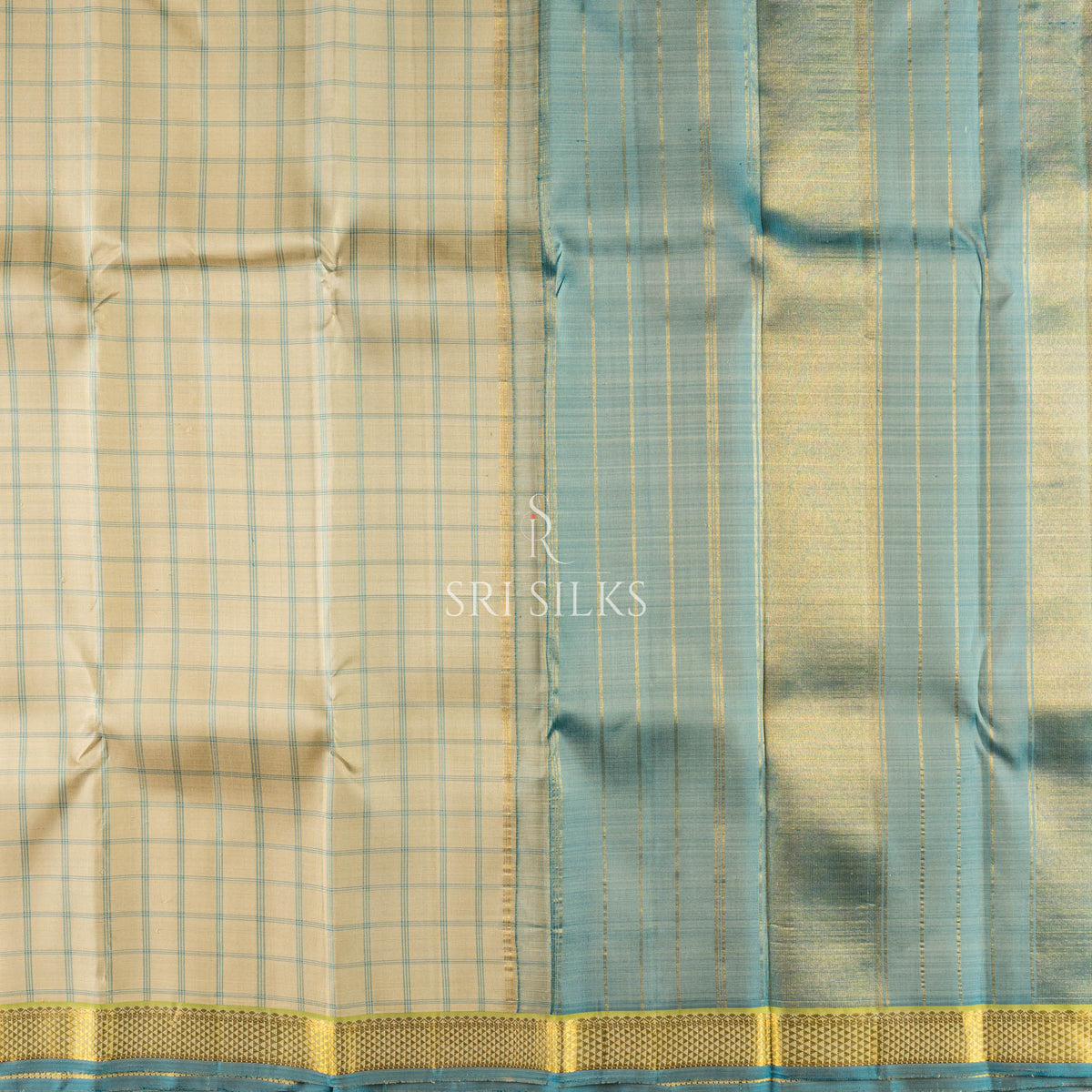 Teal Blue Kanjivaram Silk Saree with Ivory Checks & Gold Zari  UID Code: SS-KS-TBGC-048