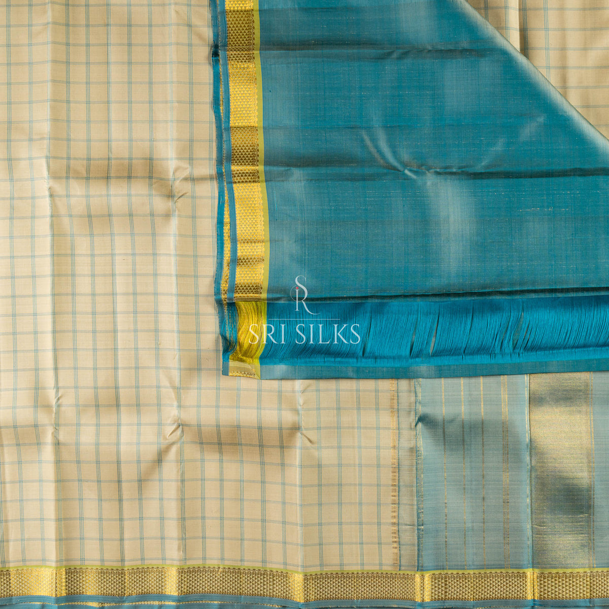 Teal Blue Kanjivaram Silk Saree with Ivory Checks & Gold Zari  UID Code: SS-KS-TBGC-048