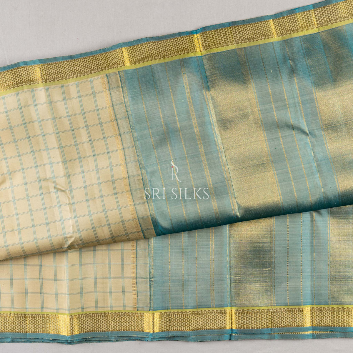 Teal Blue Kanjivaram Silk Saree with Ivory Checks & Gold Zari  UID Code: SS-KS-TBGC-048
