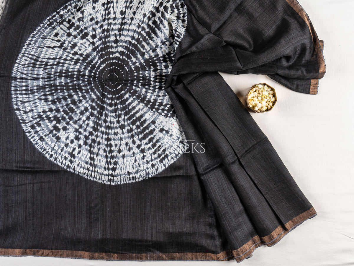 Charcoal Black Tussar Saree with White Circular Motif Design  SS-TS-IG-088